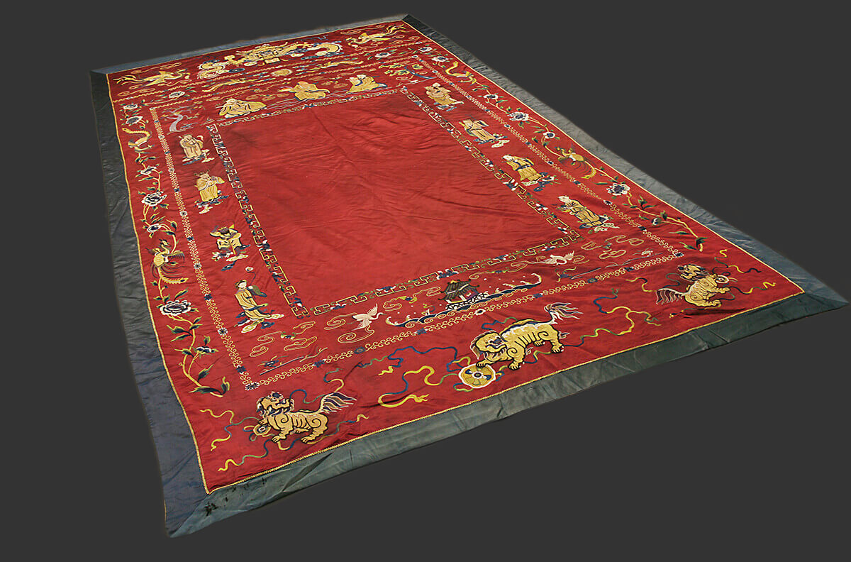Chinese Imperial Signed Antique Silk and Metal Thread Embroidery (Immortals and Fu Dog) (320x188 cm)